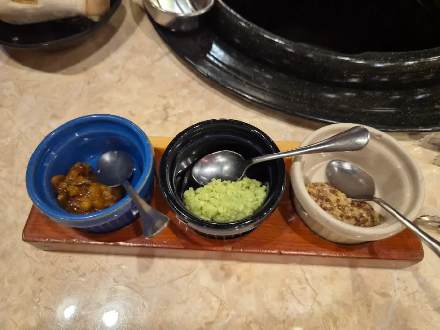 Three sauces: shiitake wasabi, fresh wasabi, whole-grain mustard