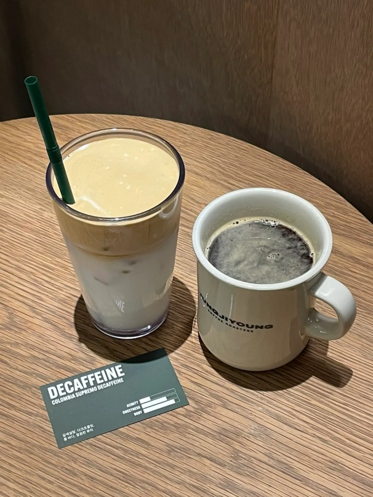 Coconut latte and hot decaf americano on the table