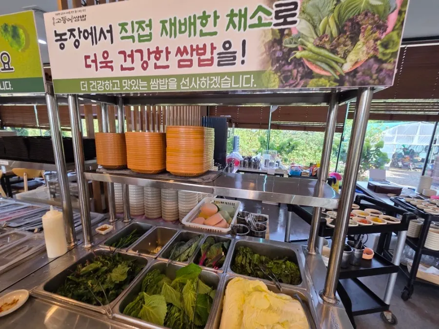 셀프바에서 담아온 쌈 채소와 반찬 접시