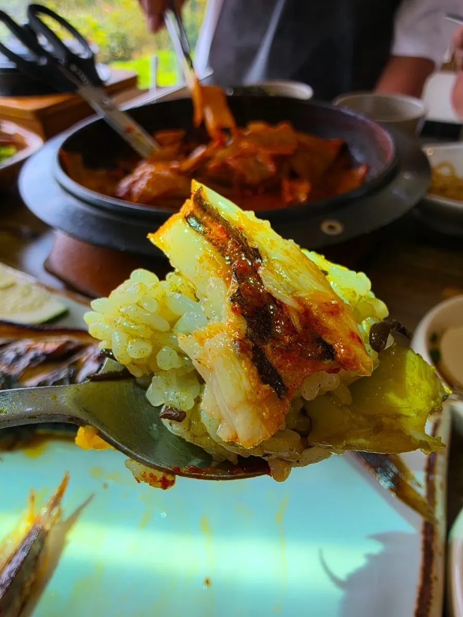 Table set with both grilled mackerel and old kimchi mackerel
