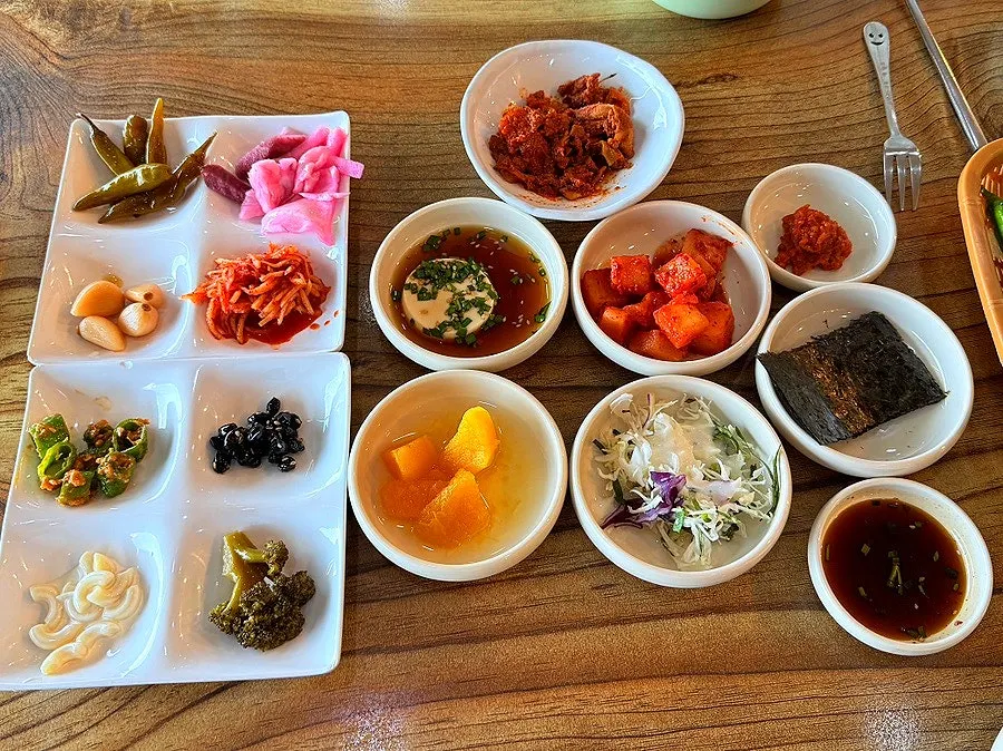 A plate of banchan brought back from the self-serve bar