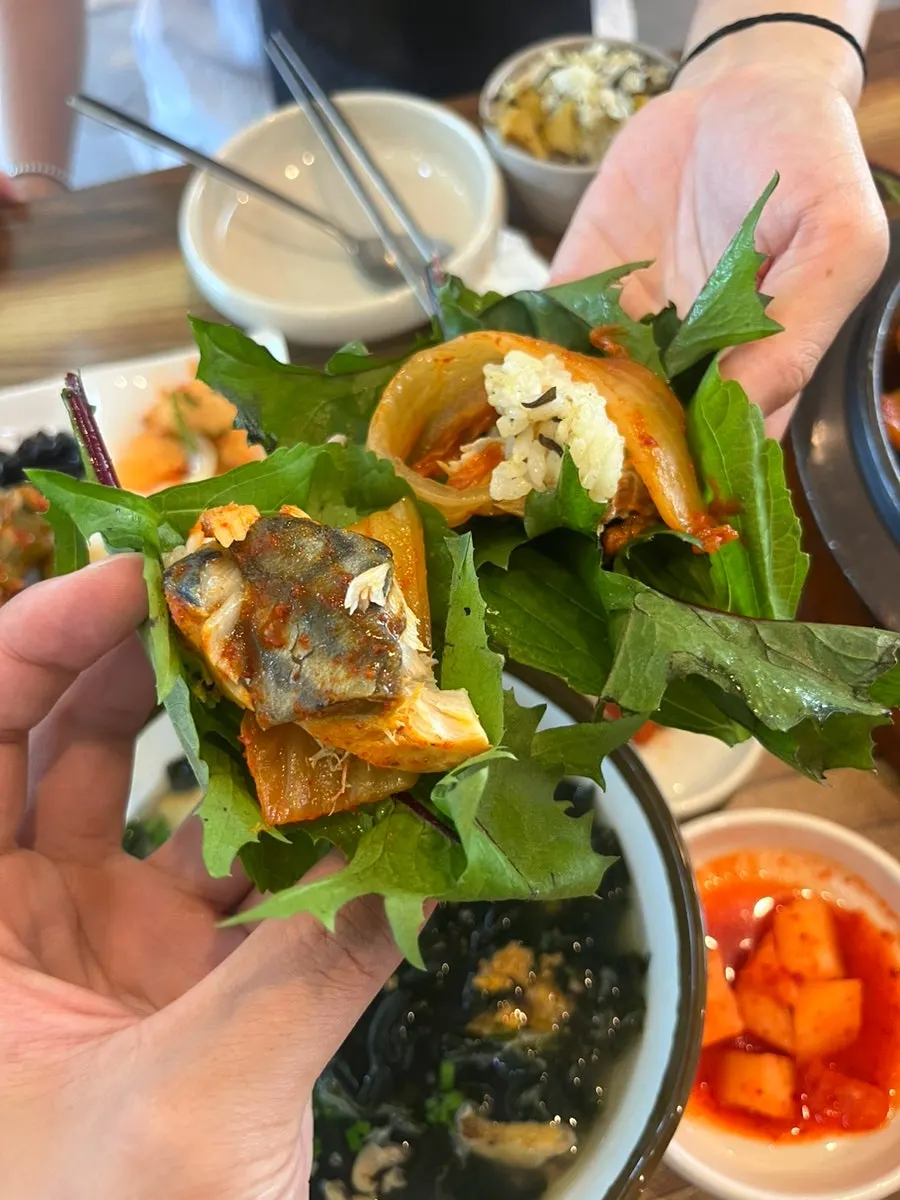 Mackerel and old kimchi wrapped in a ssam leaf