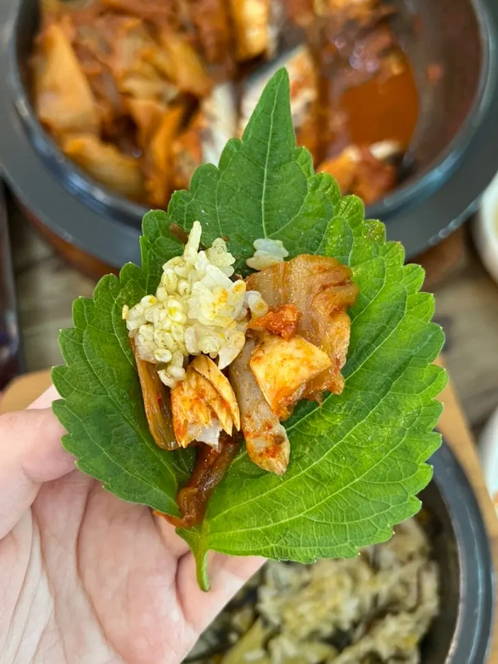 Mackerel and old kimchi wrapped in a ssam vegetable