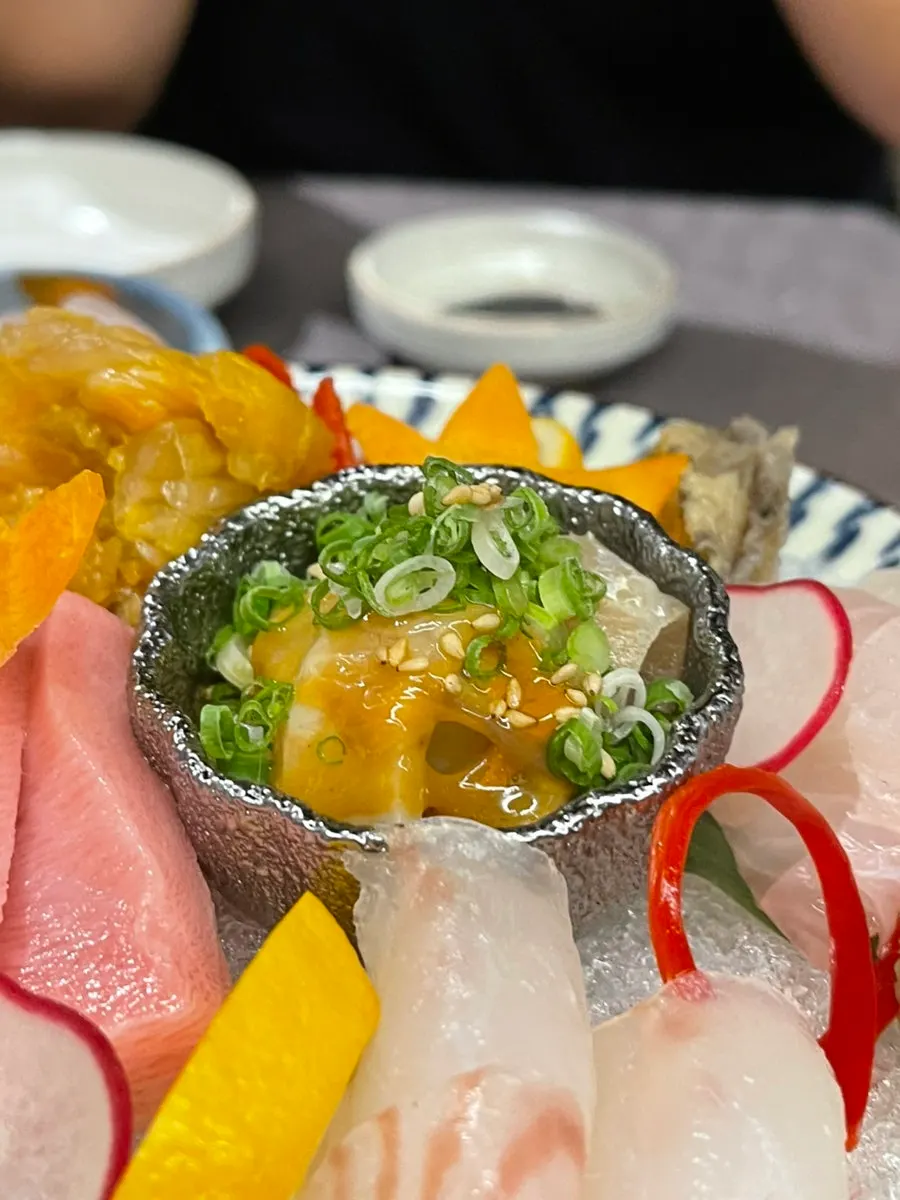 Aged sashimi platter with sweet shrimp, abalone, tuna and salmon
