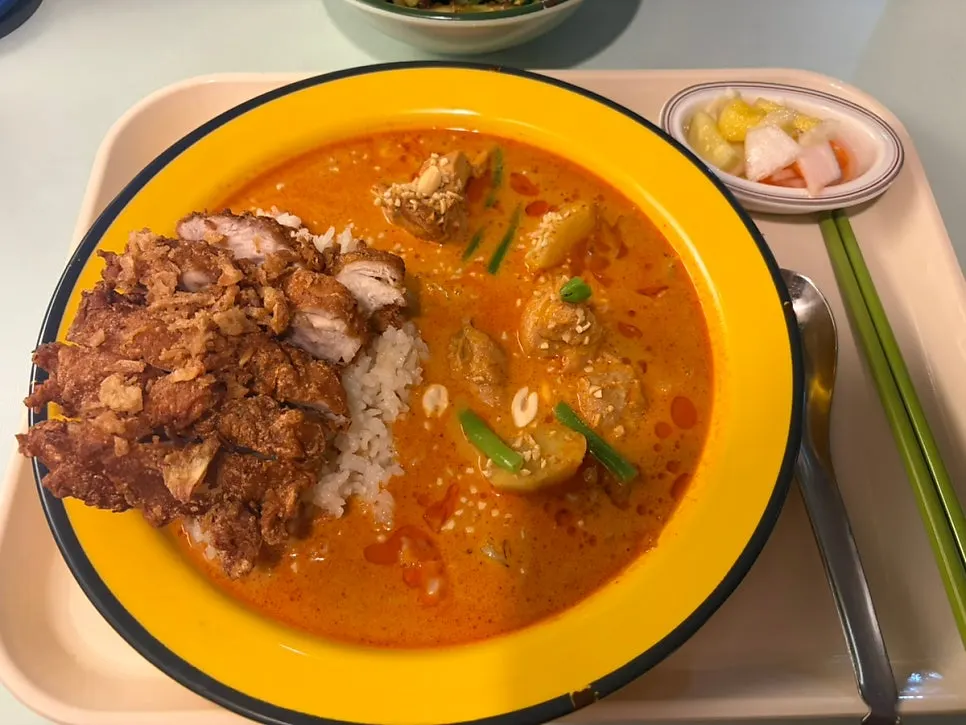 A serving of thin-textured red curry chicken rice