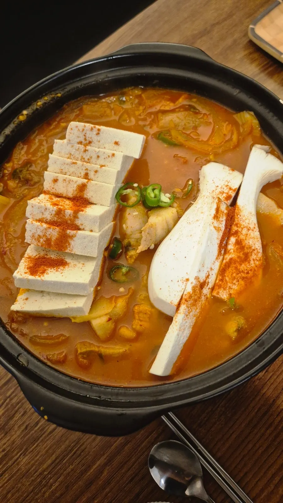 Pork belly kimchi jjigae and rice served at Jusangnakwon