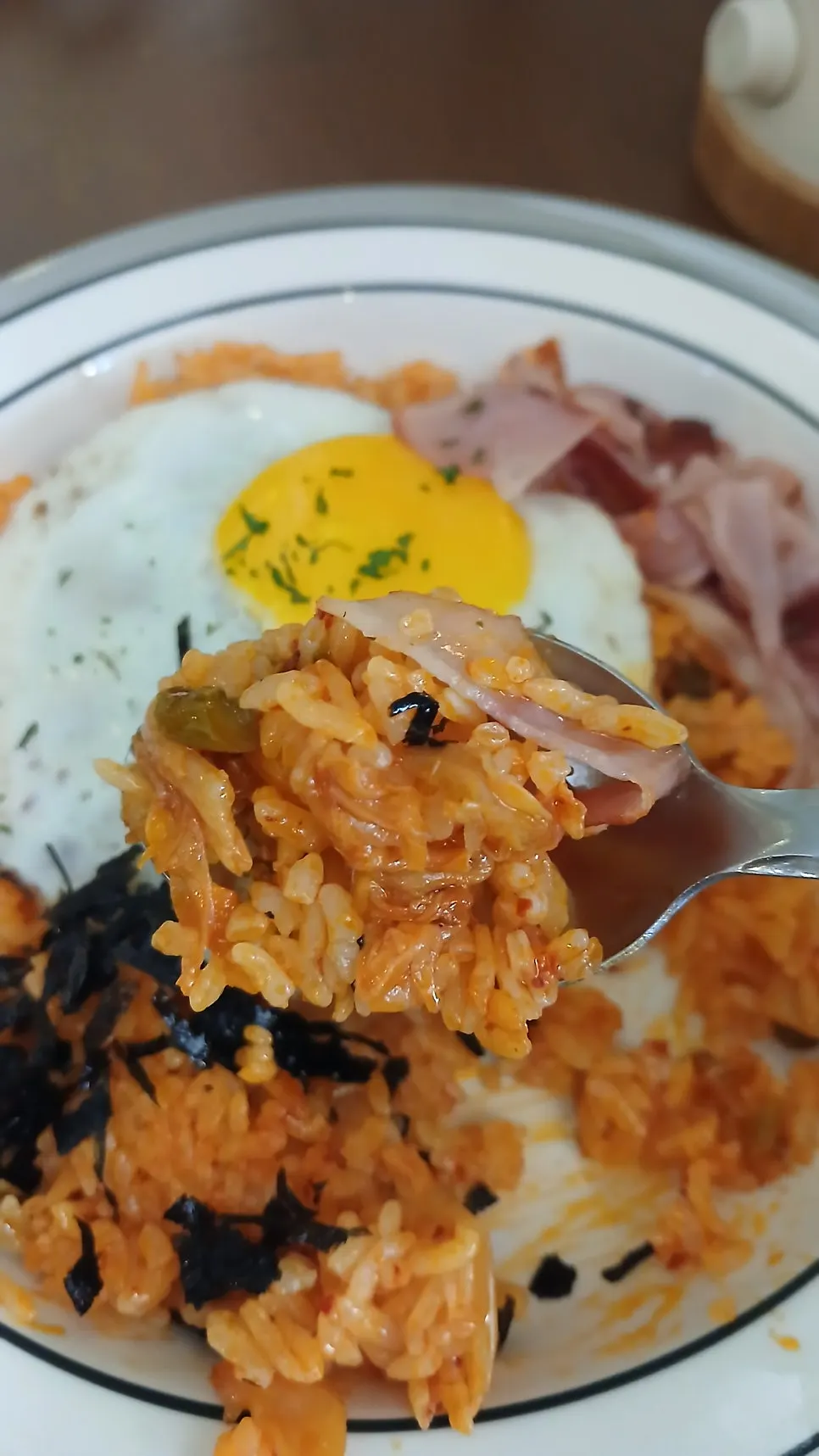 Close-up of kimchi bacon pilaf