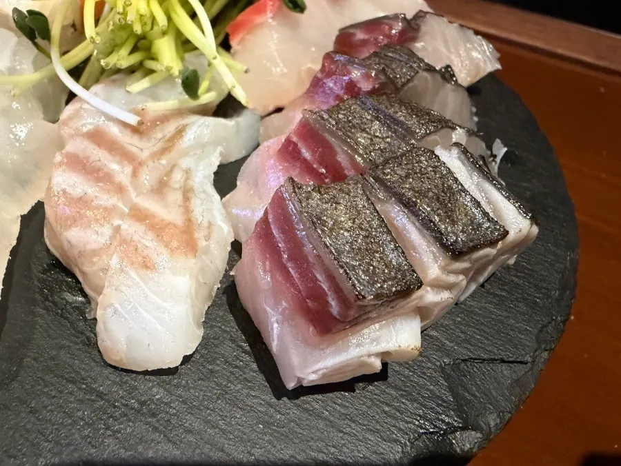 Skin-on Spanish mackerel sashimi