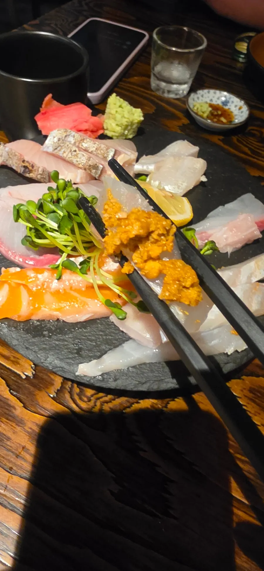 A full plate of Kaken's sashimi platter