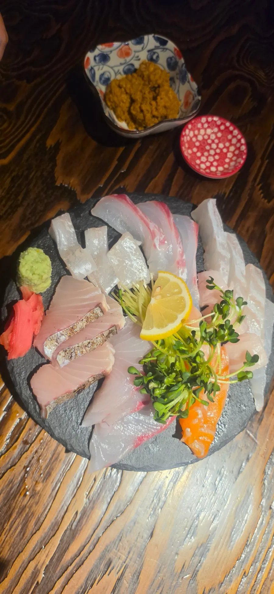 Kaken's sashimi platter set out on the table