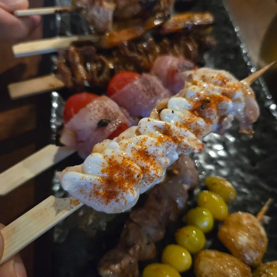 Close-up of the ginkgo nut skewer
