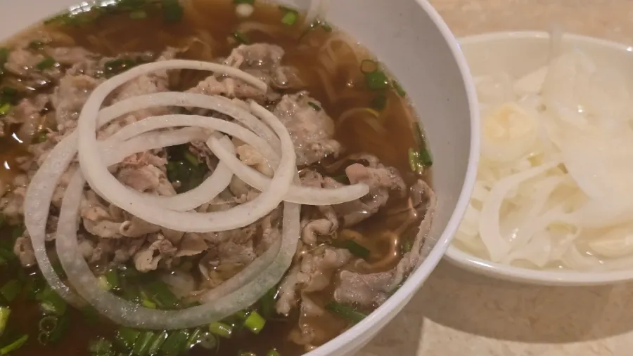 Close-up of tender meat in the pho