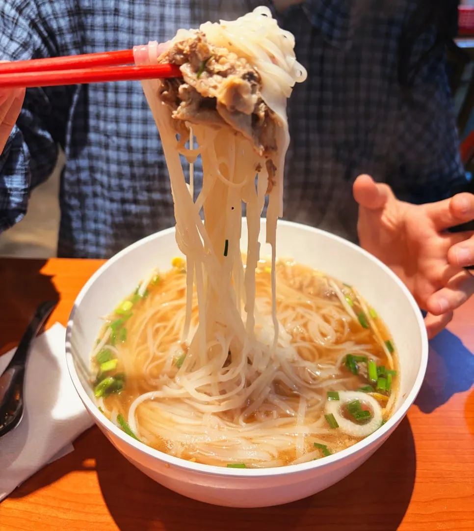 Close-up of Kkamon pho noodles in broth