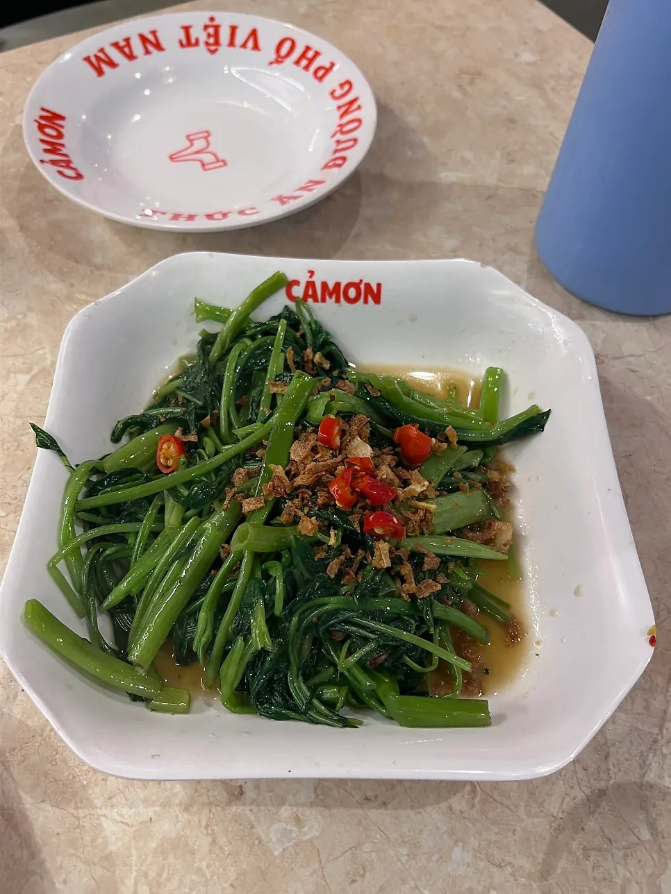 Bowl of rice ordered alongside the water spinach stir-fry