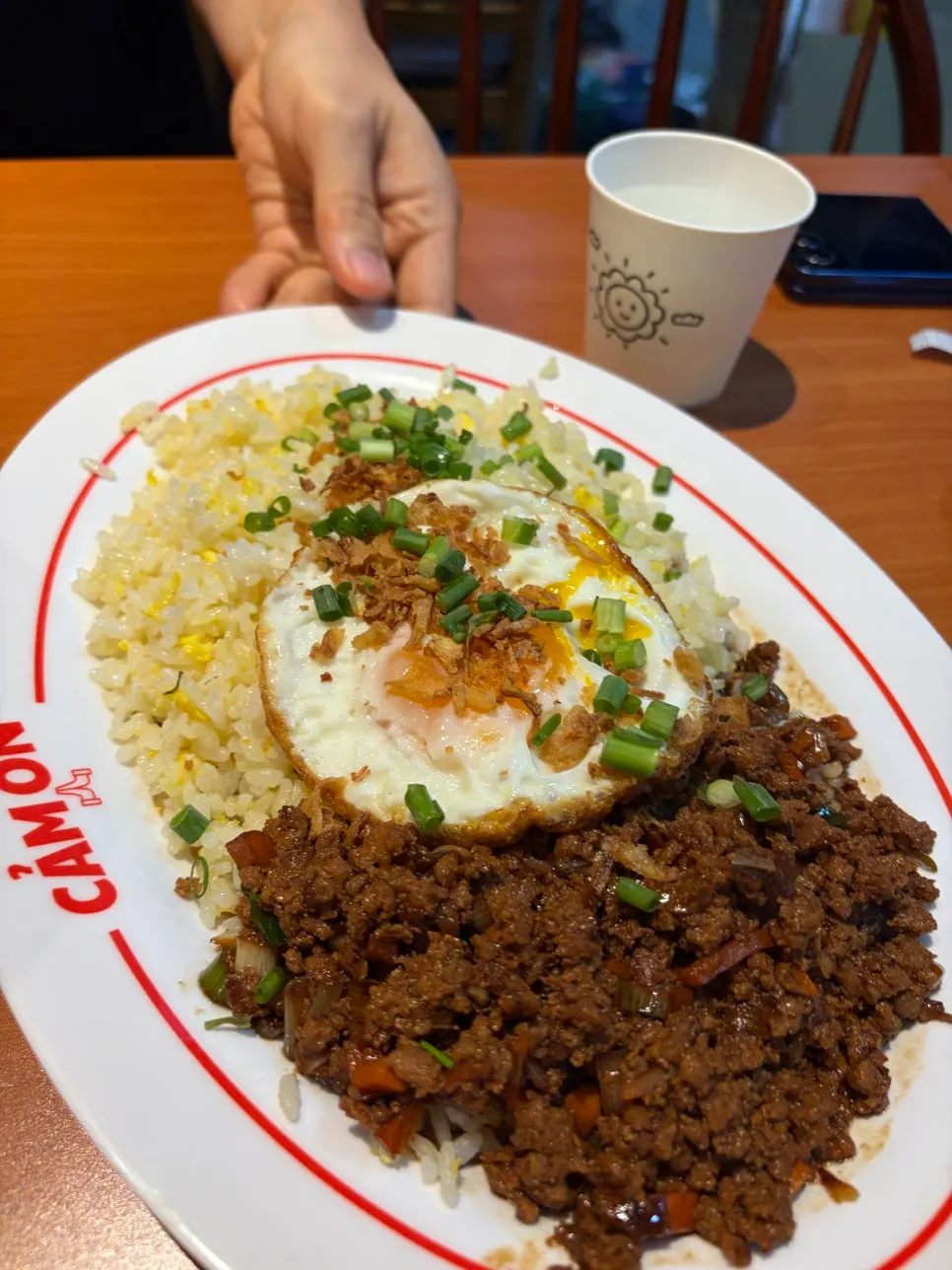 A plate of Kkamon fried rice coated in egg