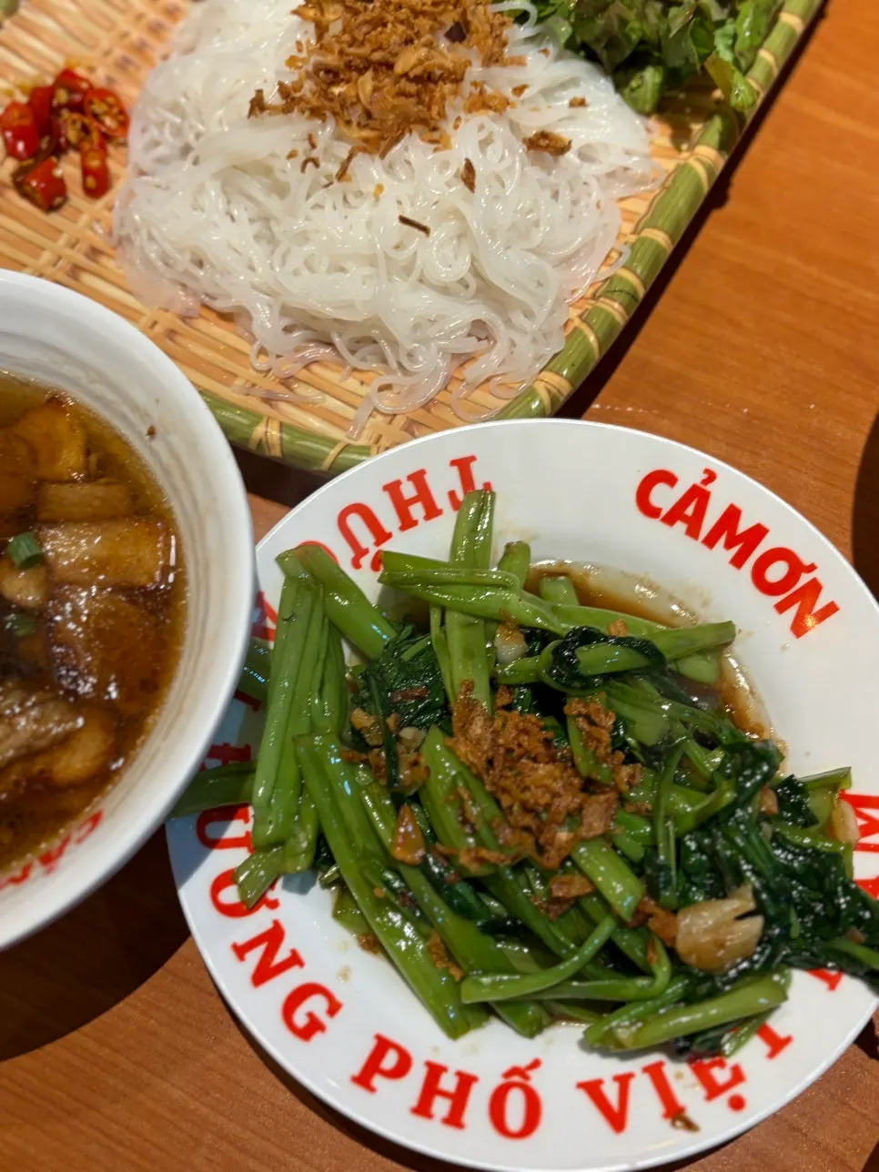 A plate of Kkamon's stir-fried water spinach