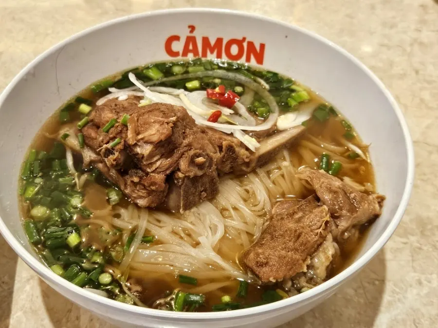 A bowl of pork backbone pho topped with a large bone