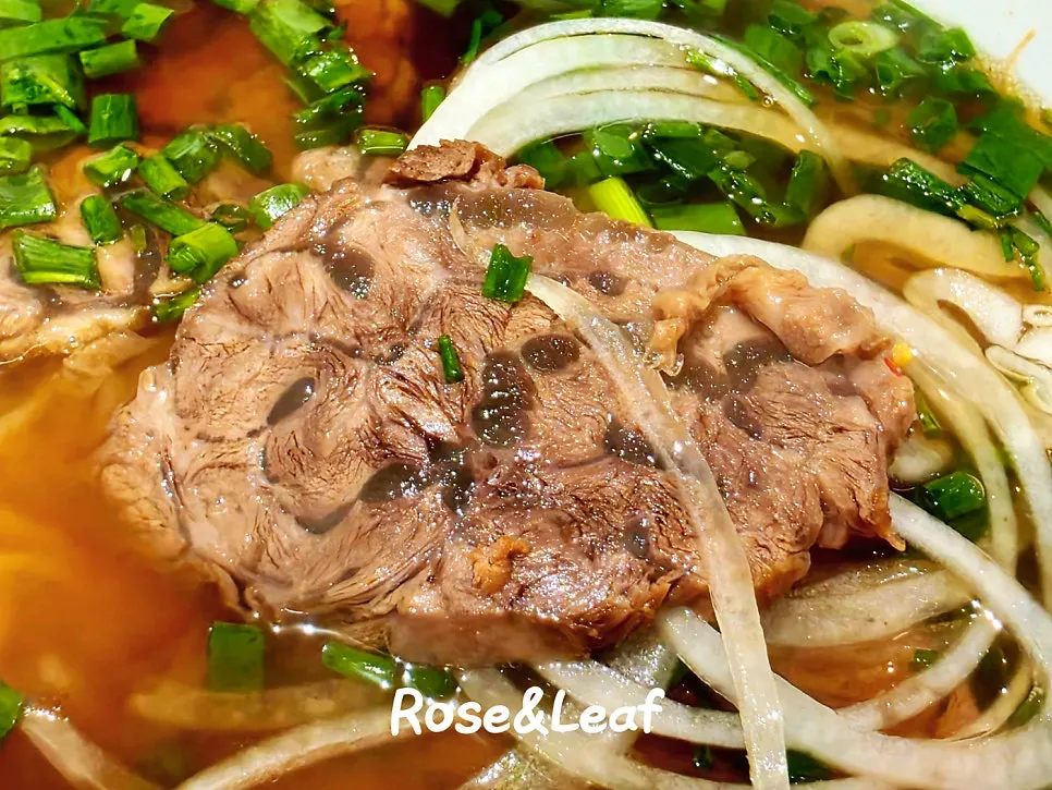Close-up of the braised shank meat in the pho