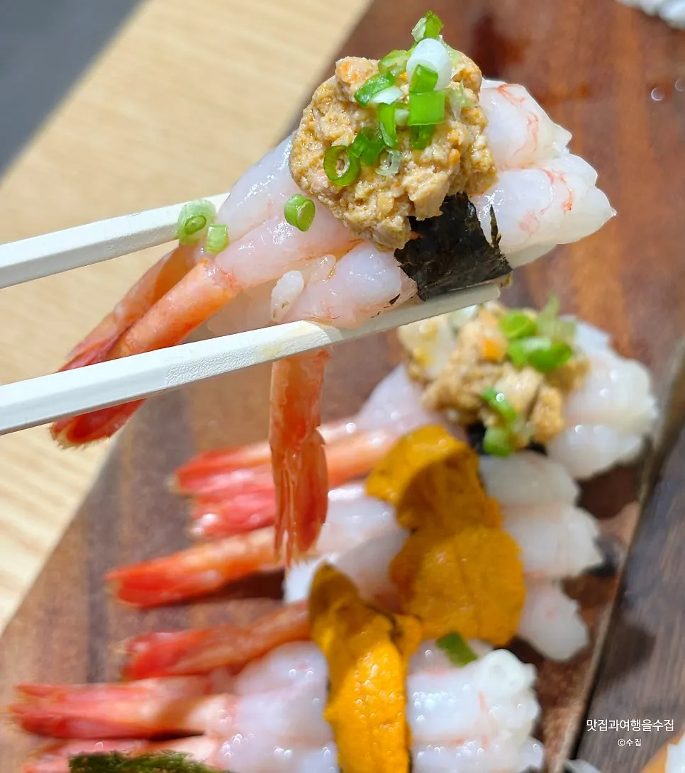 Sweet shrimp sushi topped with monkfish liver