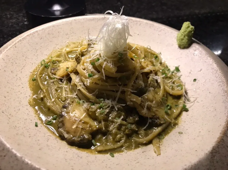 Abalone innard pasta with a whole abalone on top