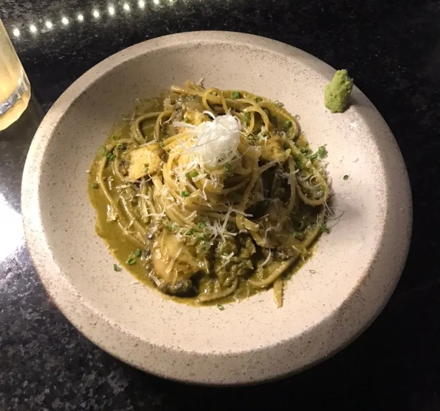 Abalone innard cream pasta eaten with wasabi