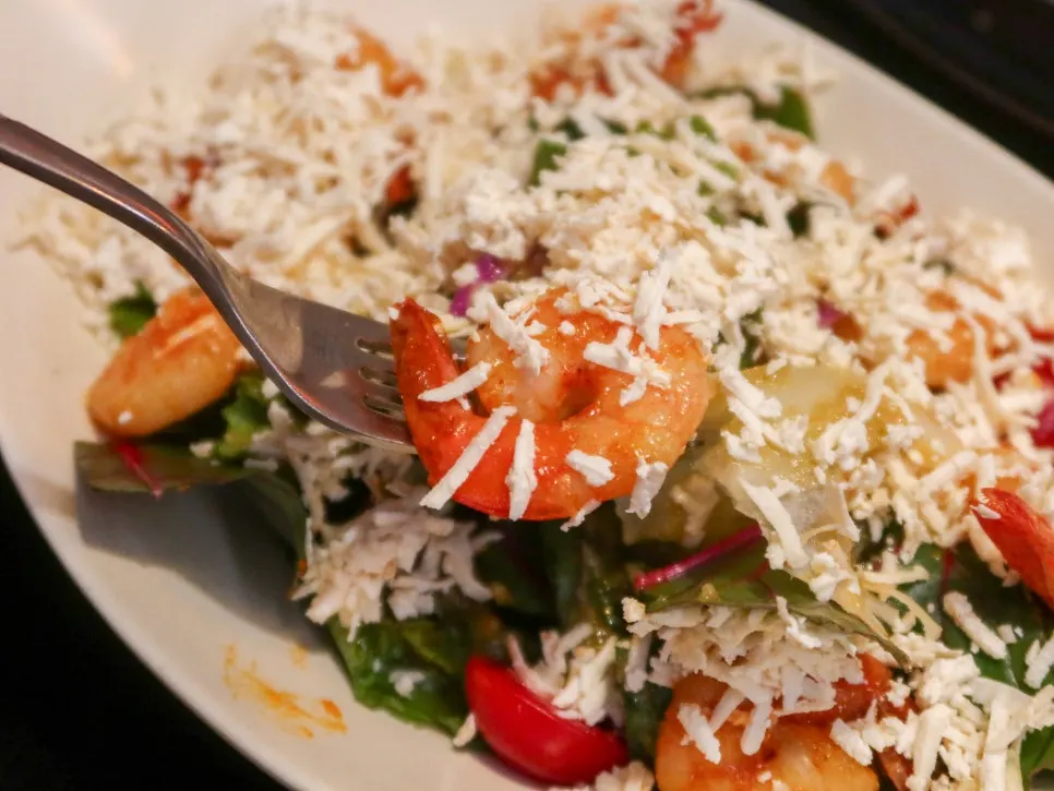Close-up of shrimp and paneer cheese salad