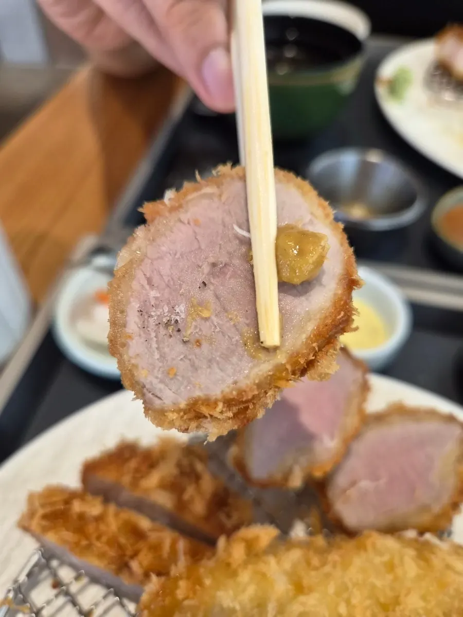 핑크솔트와 겨자를 올린 돈카츠 한 점