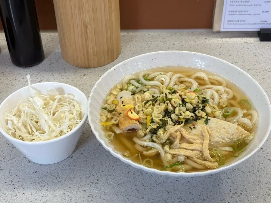 A bowl of katsuo fish cake udon at Katsu Monster
