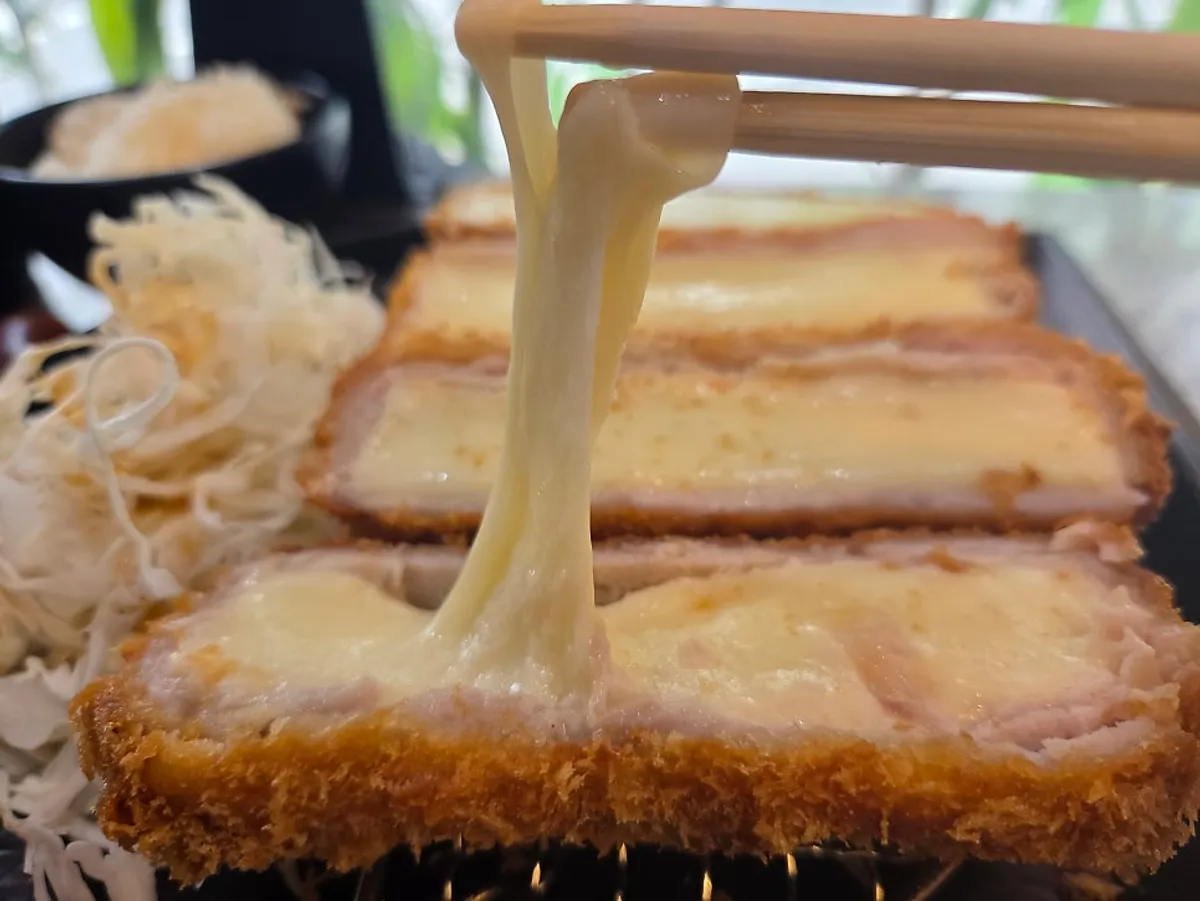 Cheese katsu showing melted mozzarella cheese