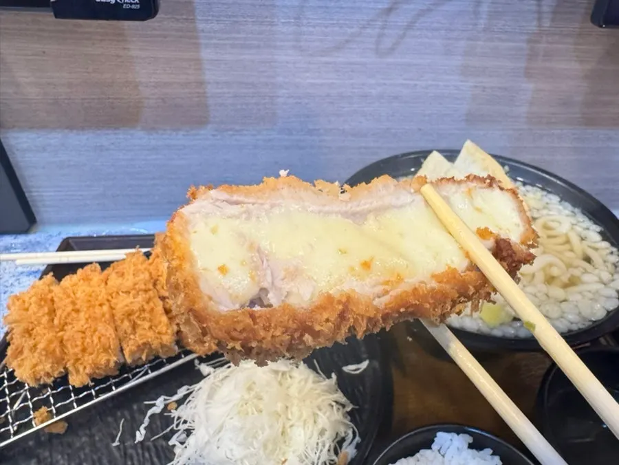Warm udon topped with tempura crumbs and fried tofu