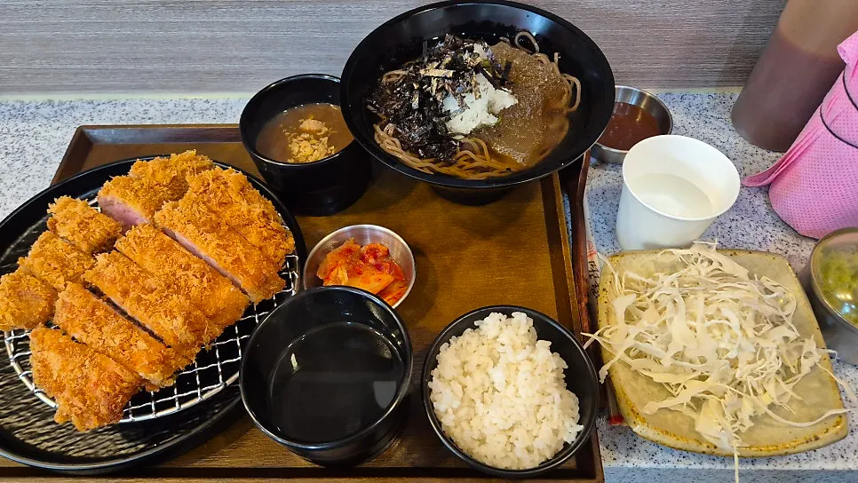 Solo set spread with mixed katsu and cold soba
