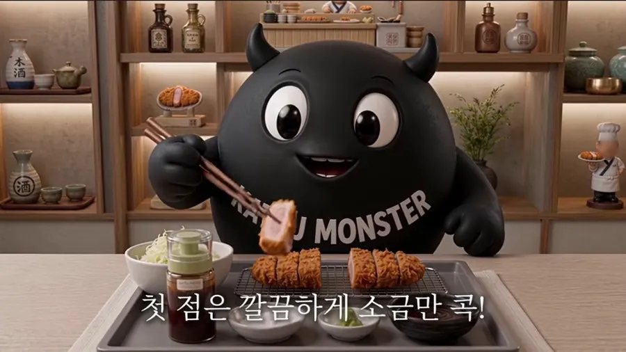 Katsu Monster character showing the order for eating katsu