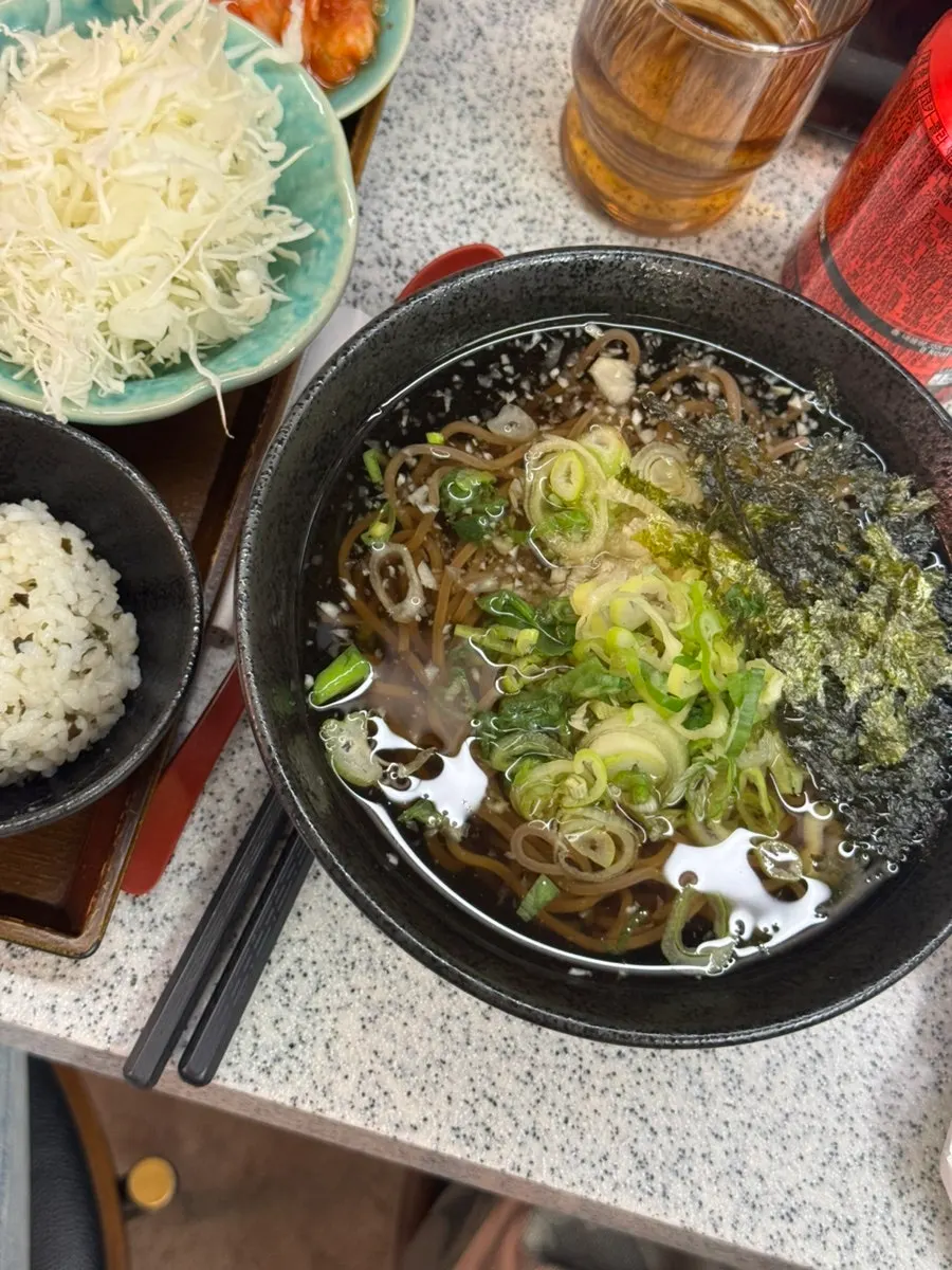 Lunch spread with tonkatsu and cold soba side by side