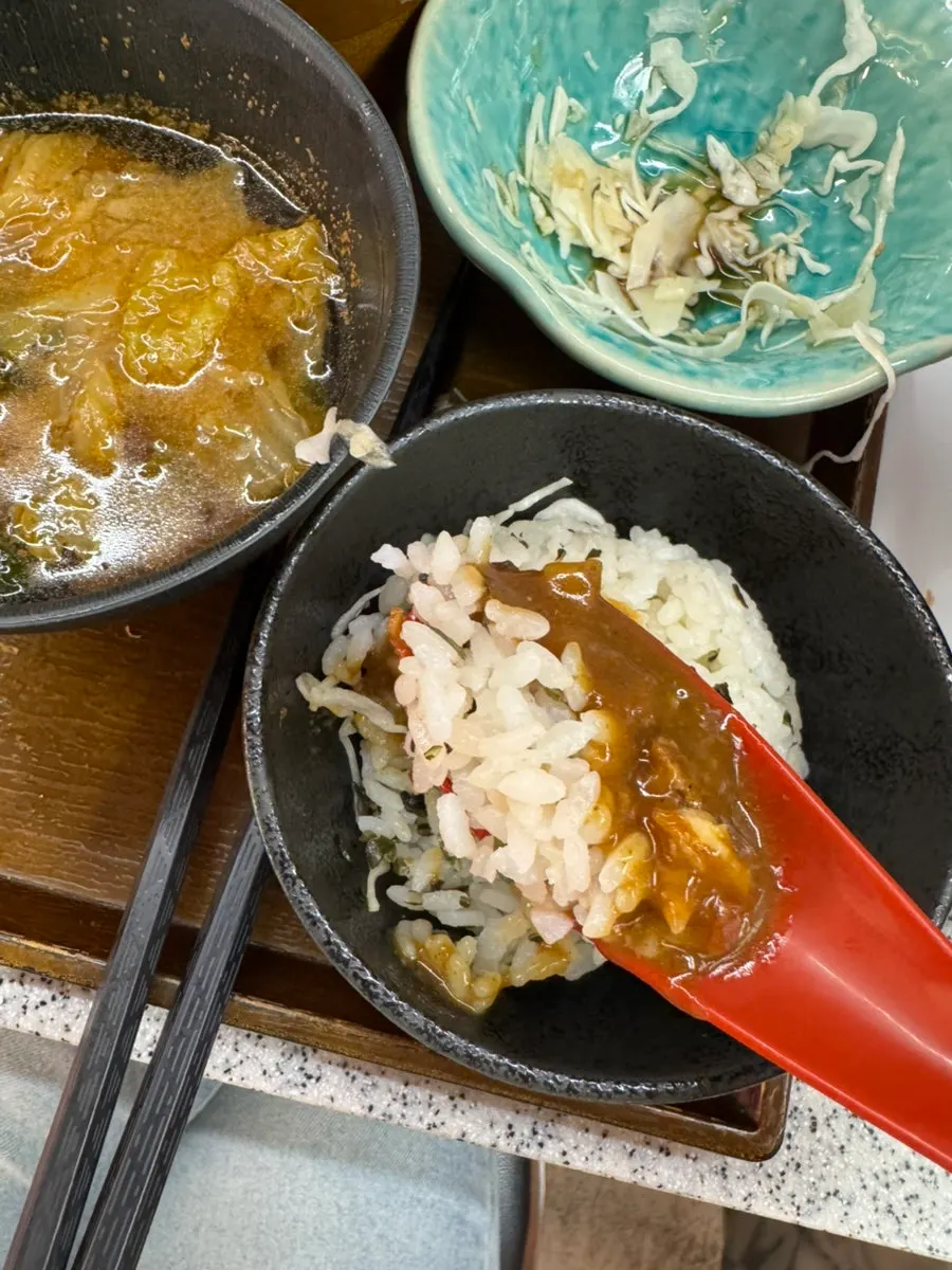 Nearly empty tonkatsu plate and curry rice