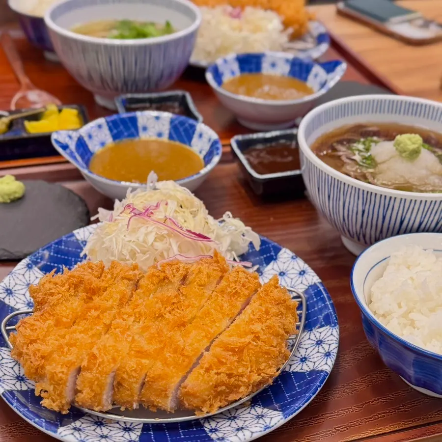 Full spread of the loin-katsu set at Katsu Shokudo