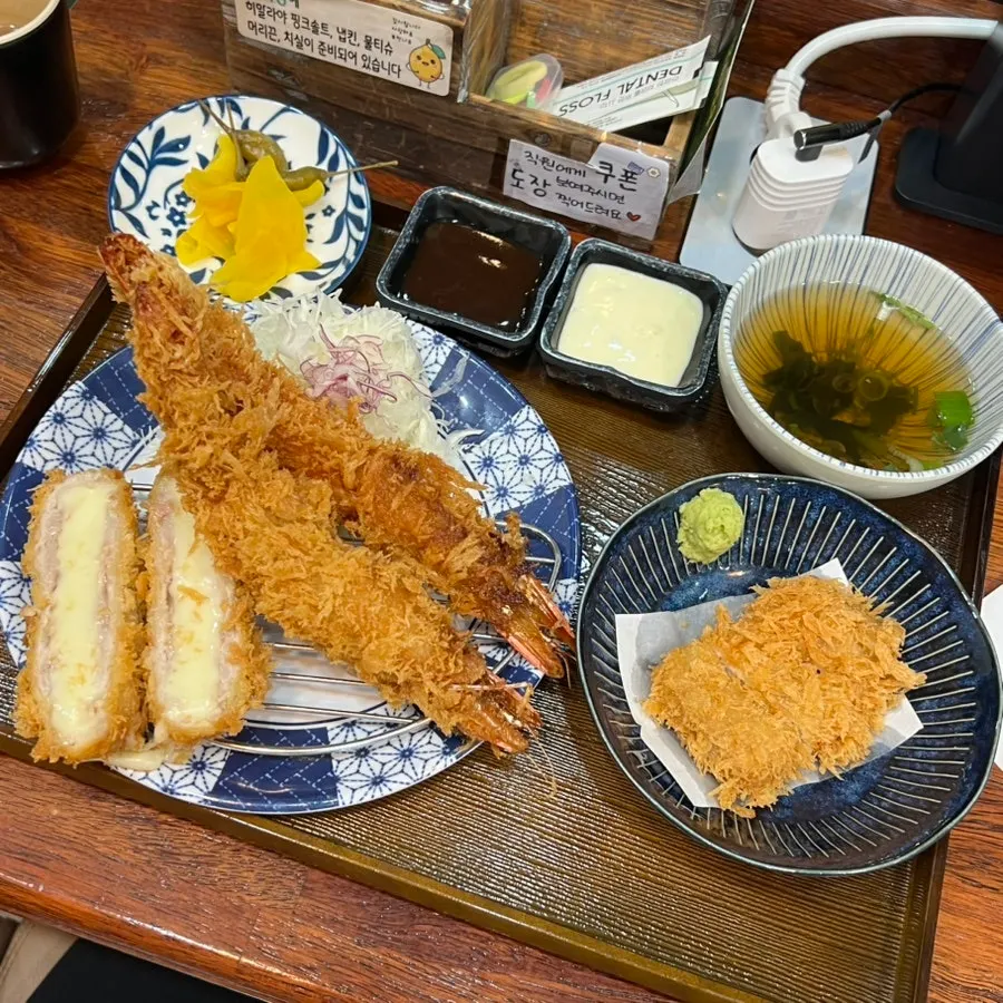 Full spread of the Jumbo Shrimp Cheese Katsu Set
