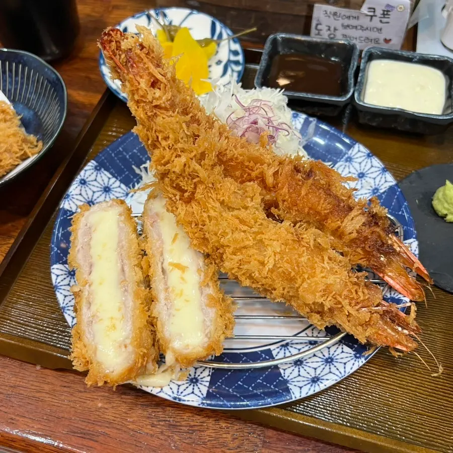 Plate of jumbo fried shrimp and cheese katsu