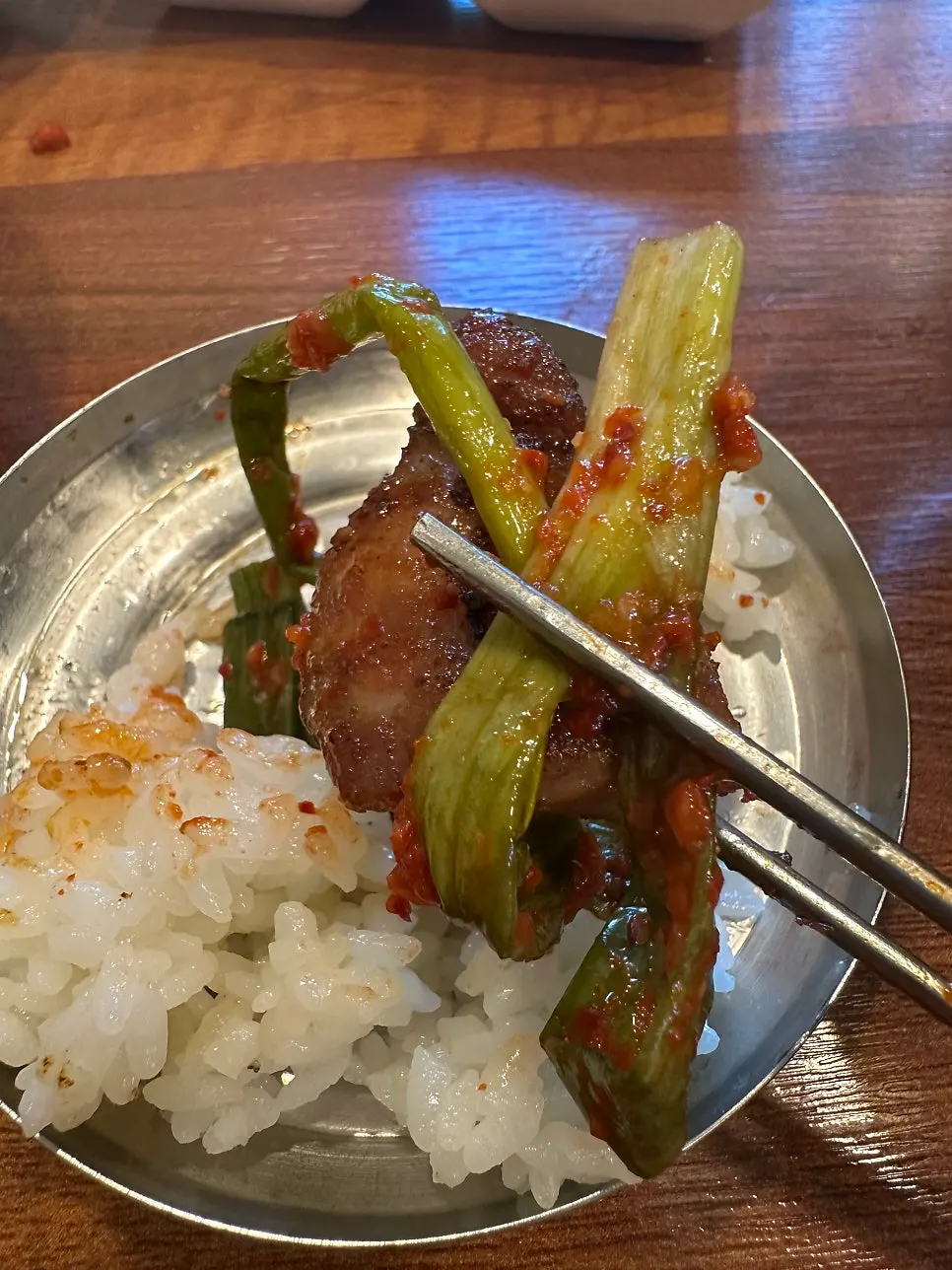 Pork galbi wrapped with scallion kimchi