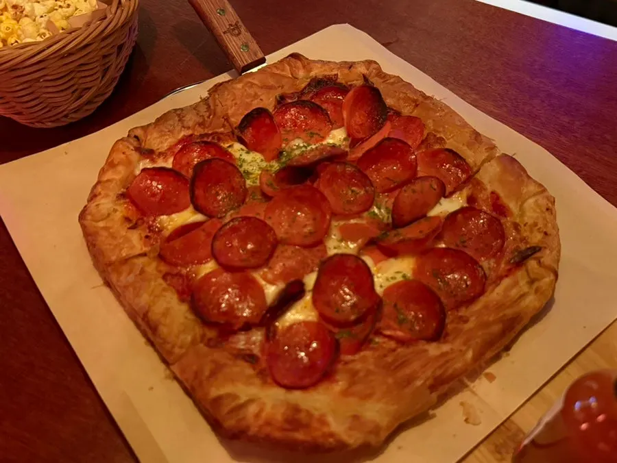 Pastry-dough pepperoni pizza