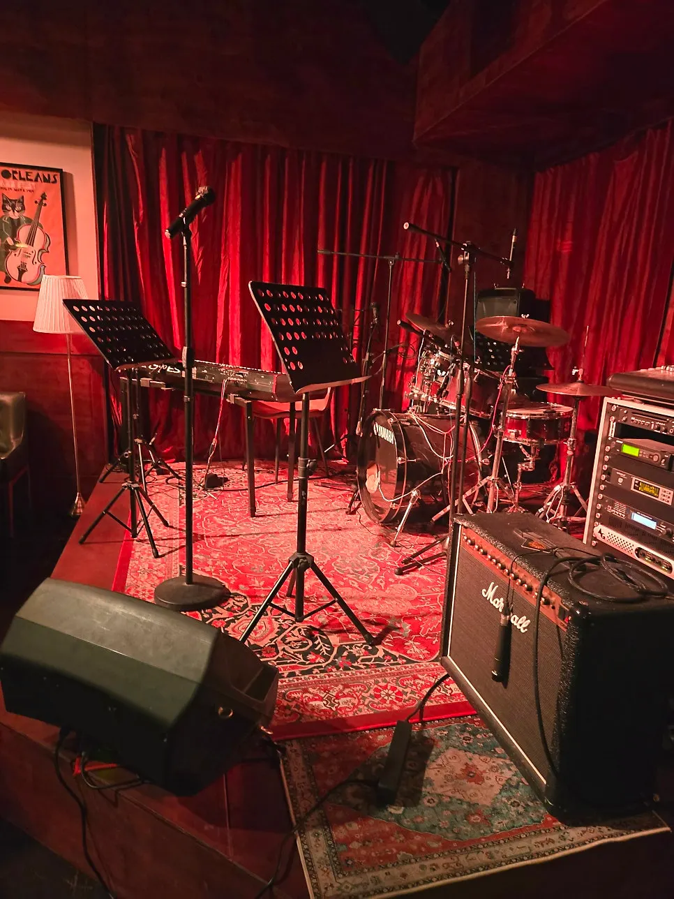 Interior of Kick Ass Jazz Club, like a movie jazz club set