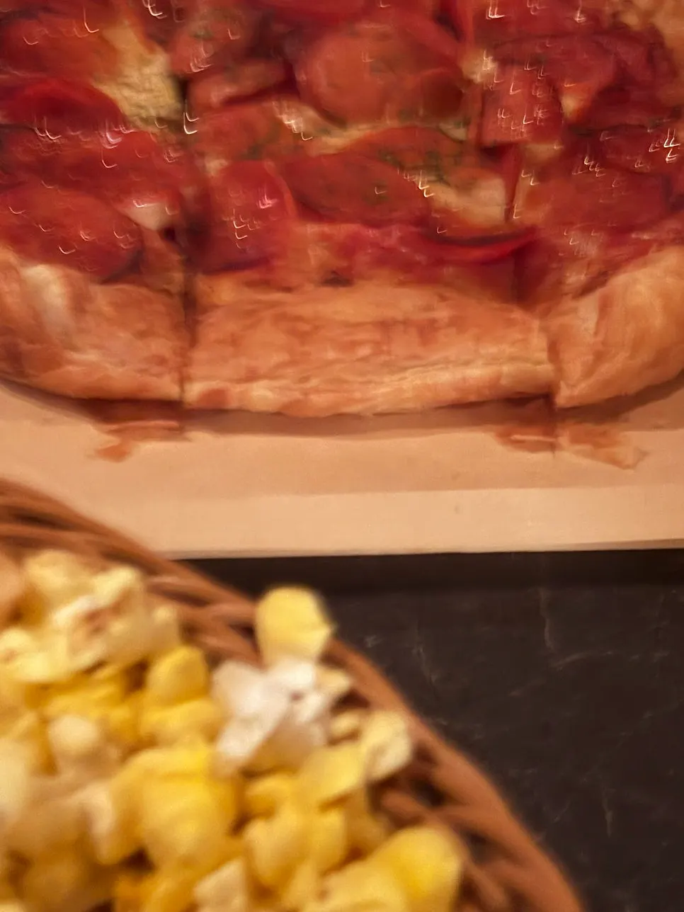 Pastry pizza piled high with cheese and pepperoni