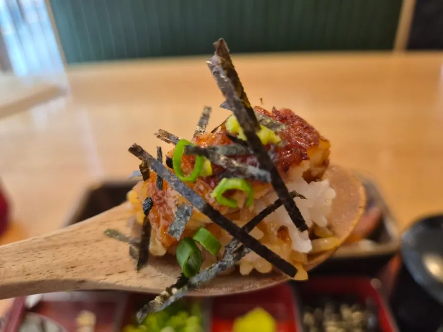 Eel rice bowl topped with scallion, wasabi, and seaweed flakes