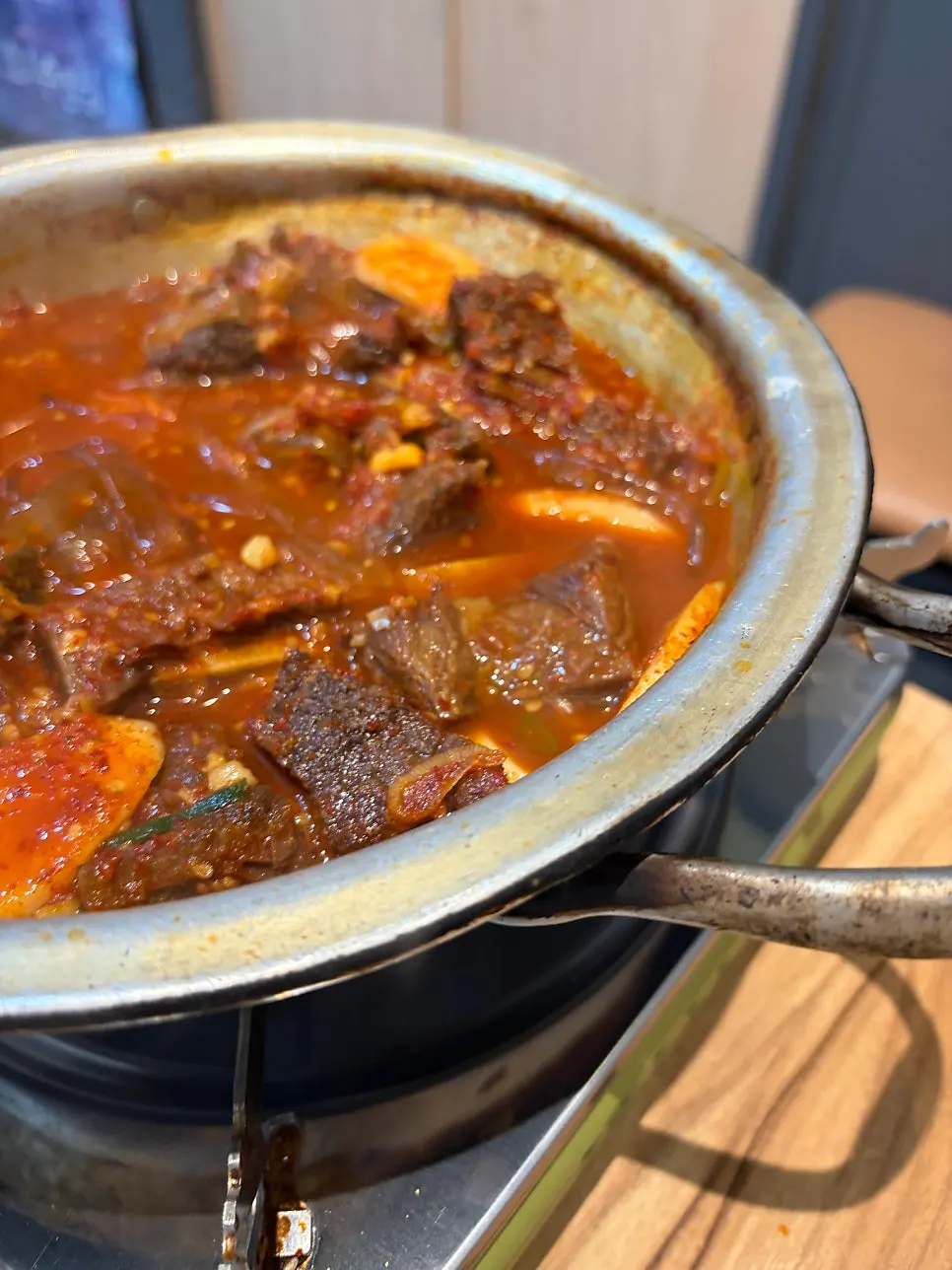 Spicy galbijjim simmering on the burner