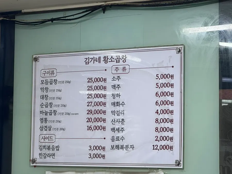 Menu board at Gimga-ne Gopchang Gui Daerim Station Main Branch