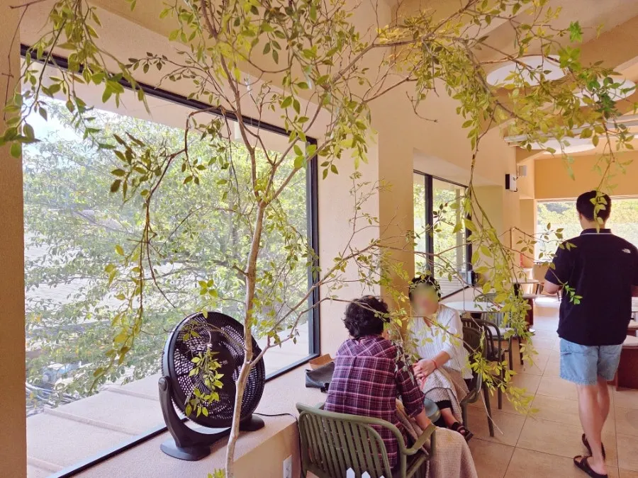 2nd floor table with nature visible through the glass wall