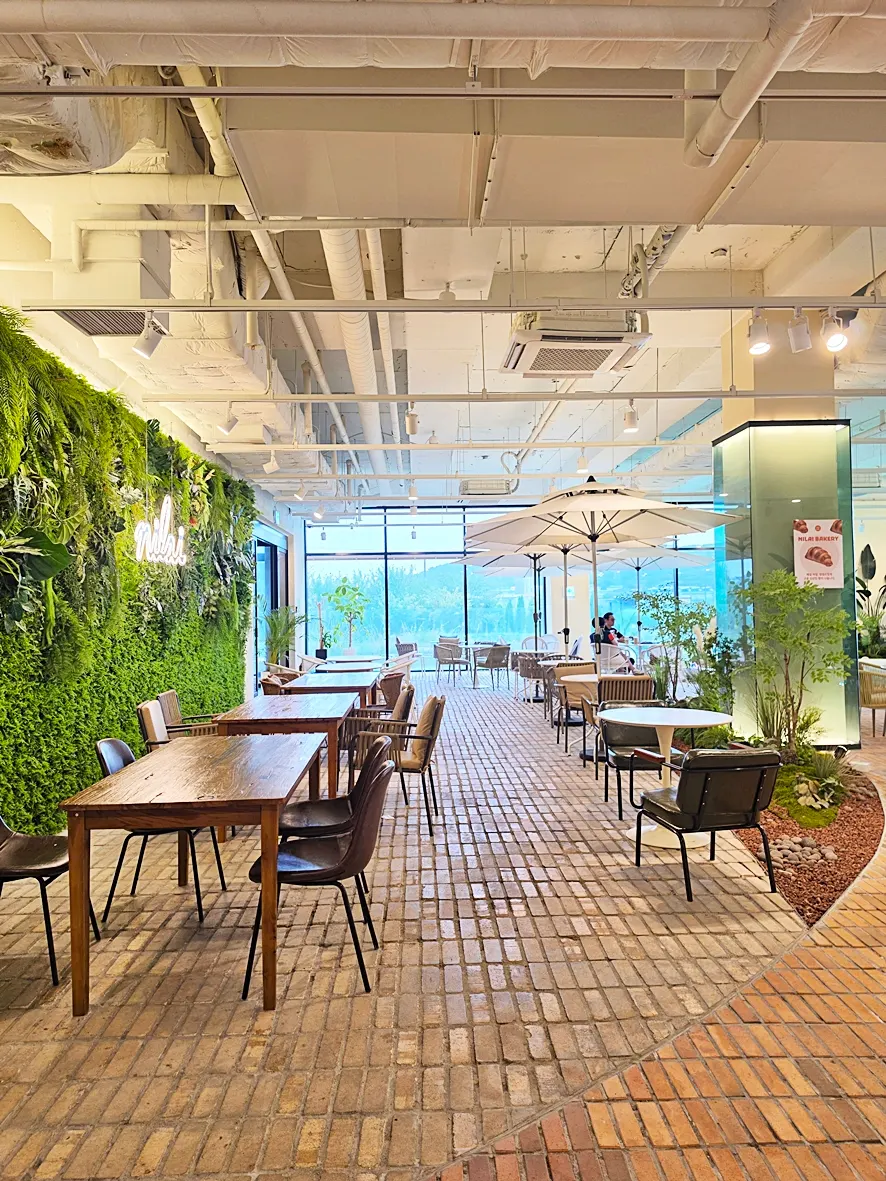 Water feature running through the middle of the café