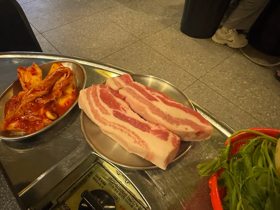Plate of thick raw pork belly for two