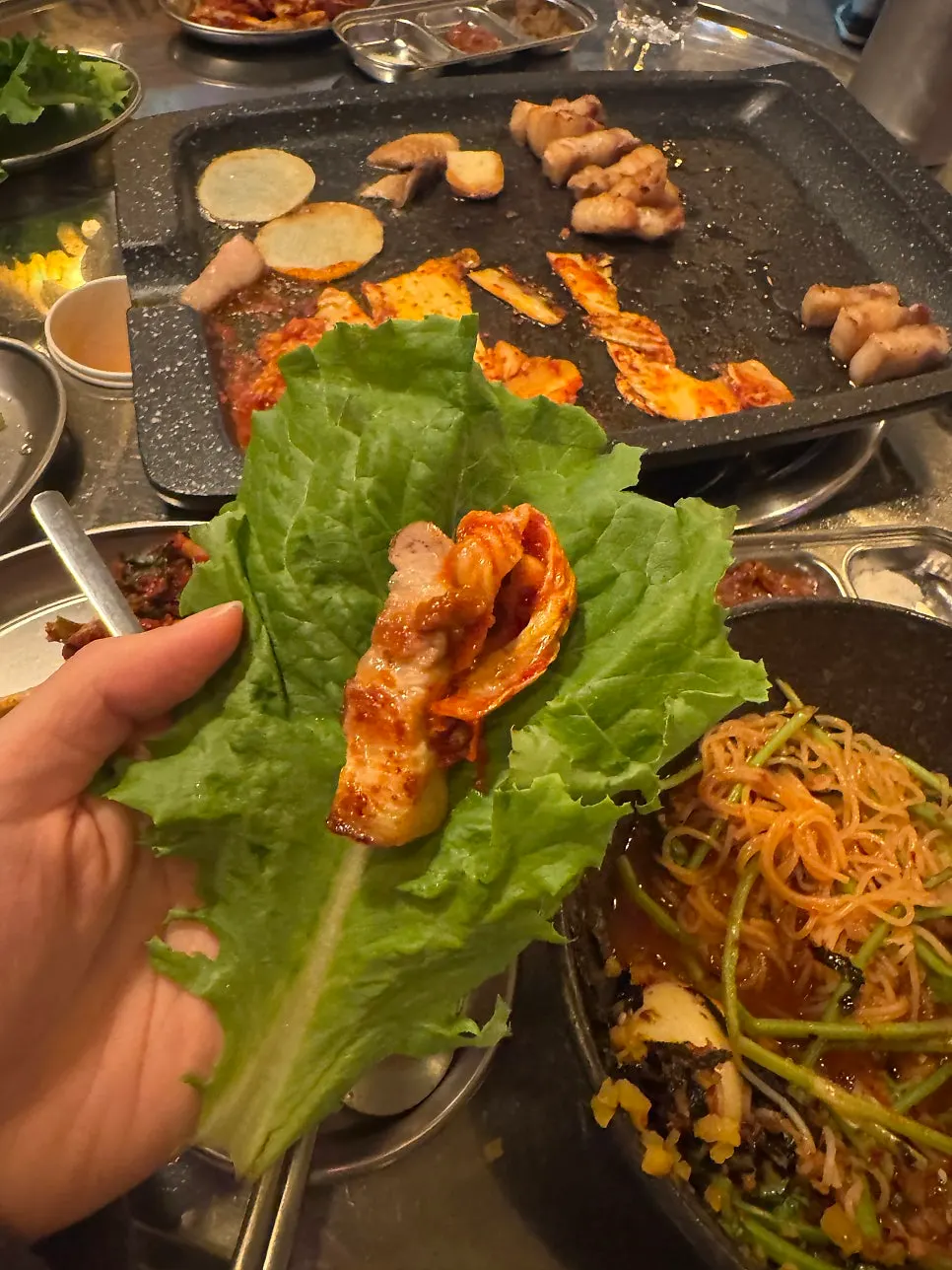 Fully cooked pork belly and grilled kimchi