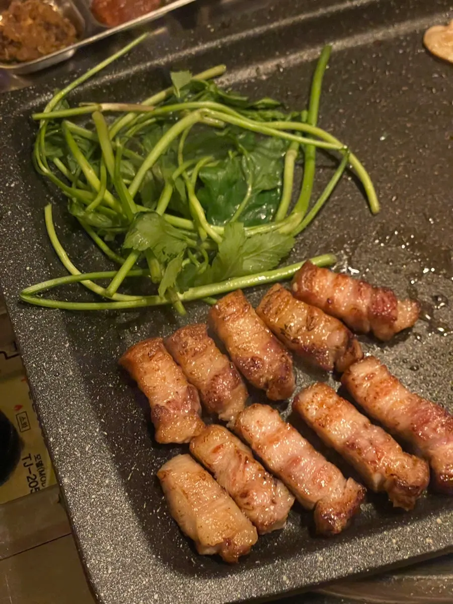 A well-grilled piece of pork belly