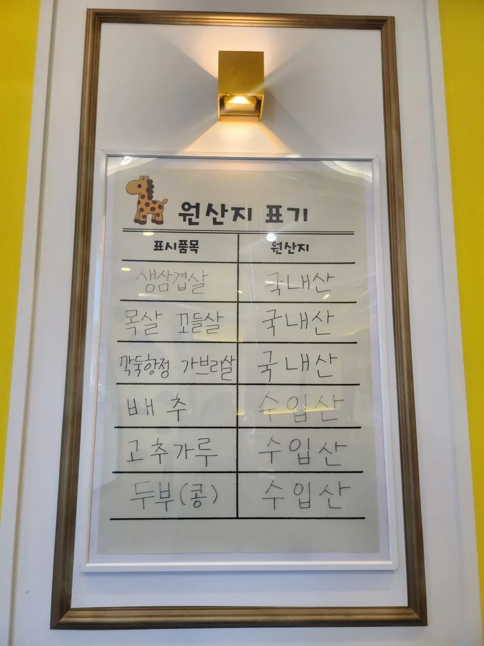 Girin Samgyeopsal menu board